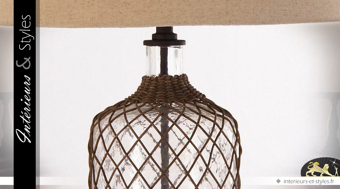 Lampe rustique en verre et métal abat-jour lin écru 75 cm
