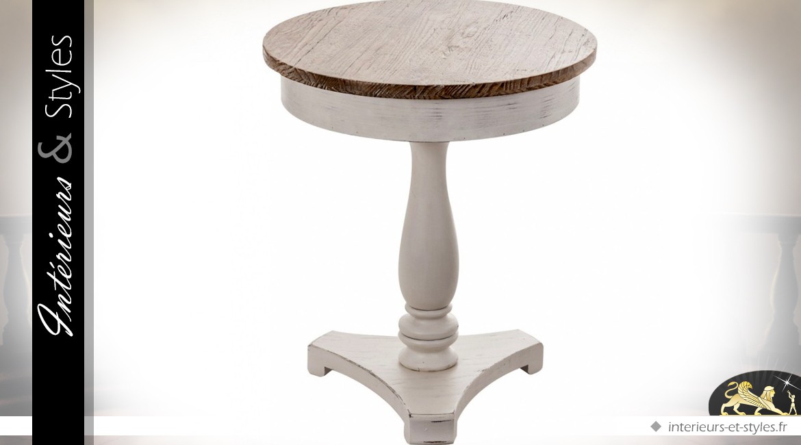 Table ronde guéridon patine gris clair et bois vieilli Ø 60 cm