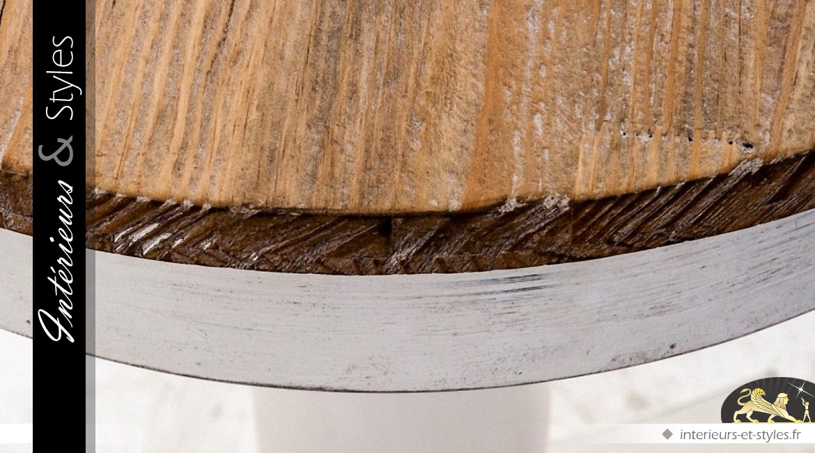 Table ronde guéridon patine gris clair et bois vieilli Ø 60 cm
