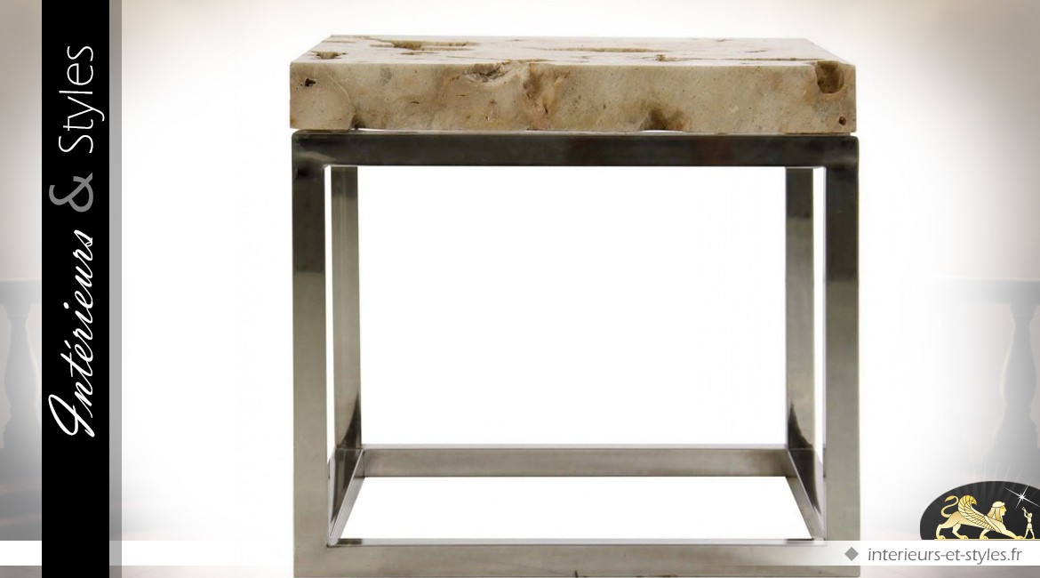 Table basse carrée en pierre naturelle et acier inoxydable argenté
