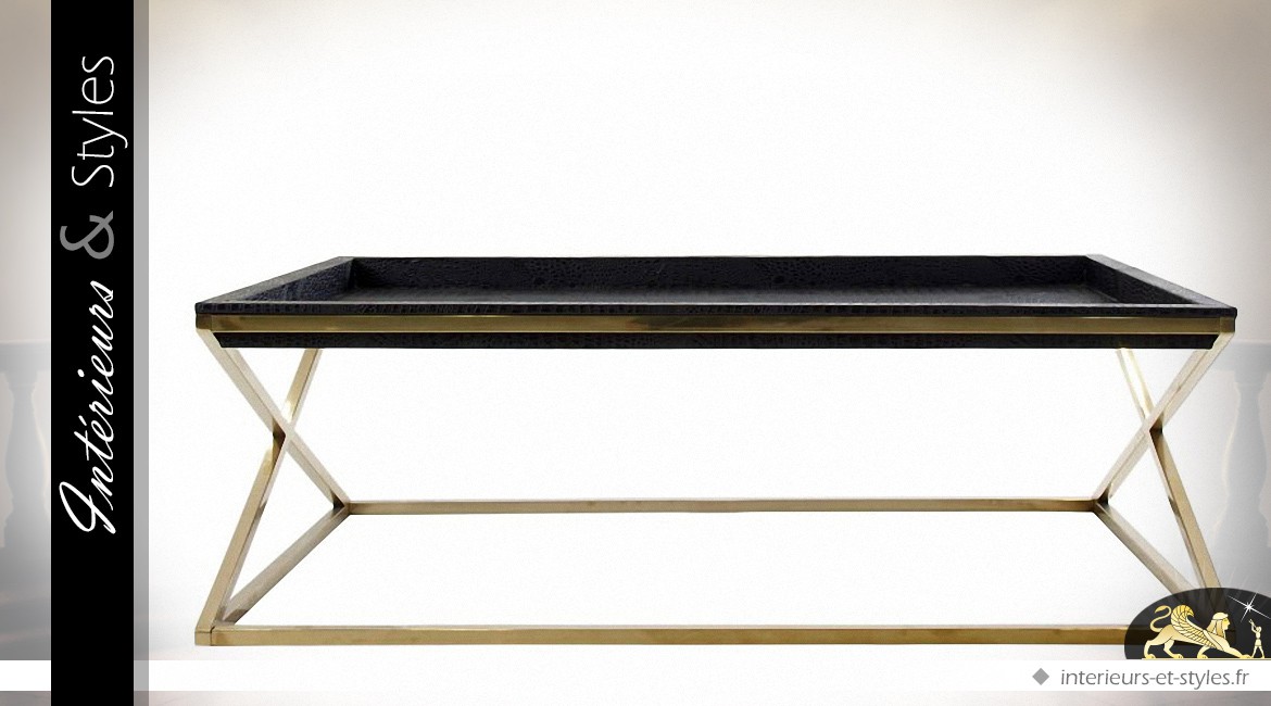 Table basse design en métal doré et plateau similicuir