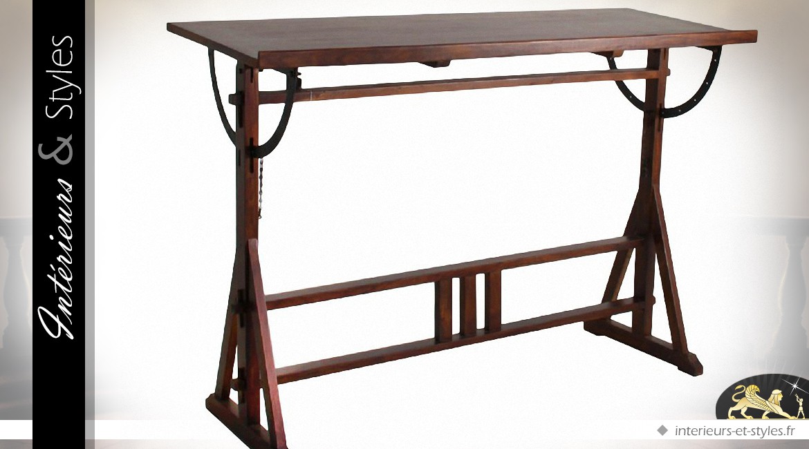Table d'architecte orientable manguier patine brun foncé