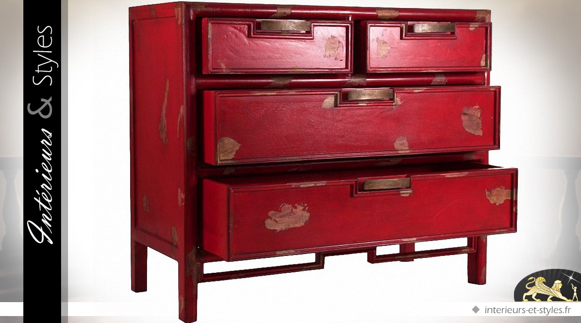 Commode rouge de style oriental et rustique à 4 tiroirs
