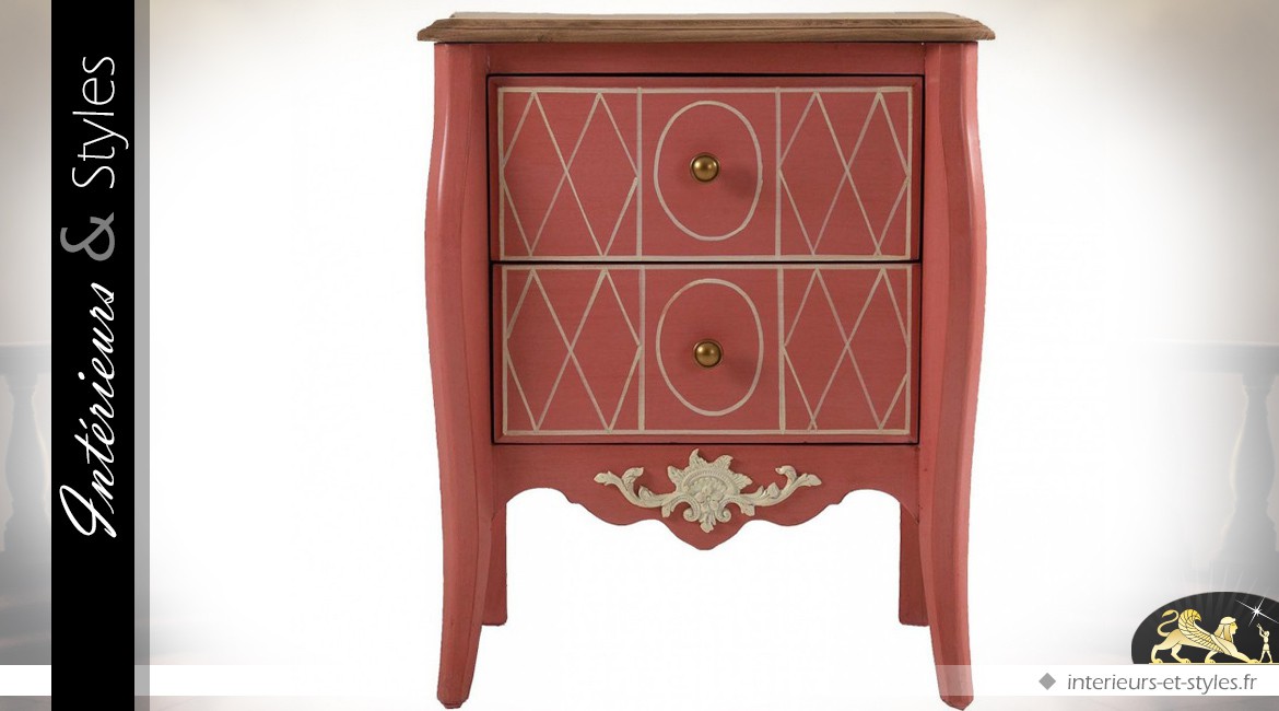 Table de chevet rose baroque à deux tiroirs