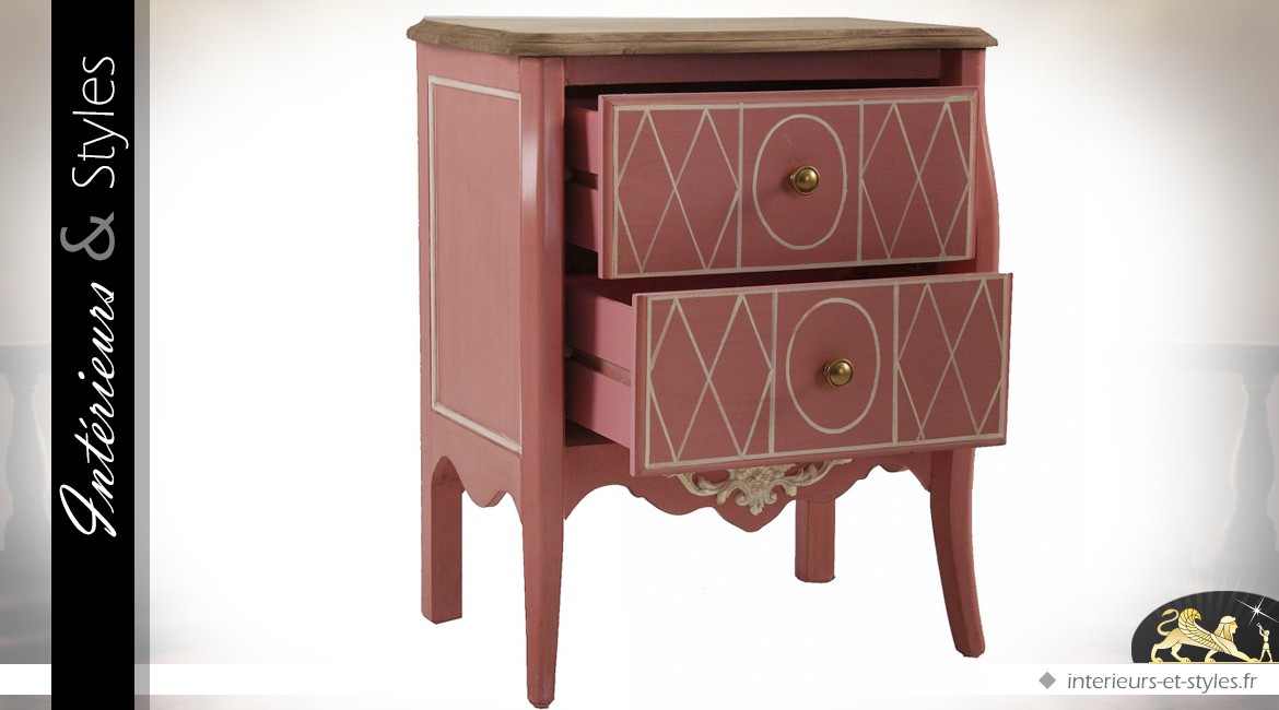 Table de chevet rose baroque à deux tiroirs