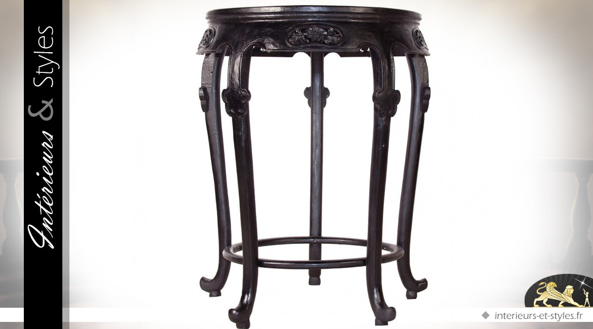 Table ronde teck baroque et rétro noir jais