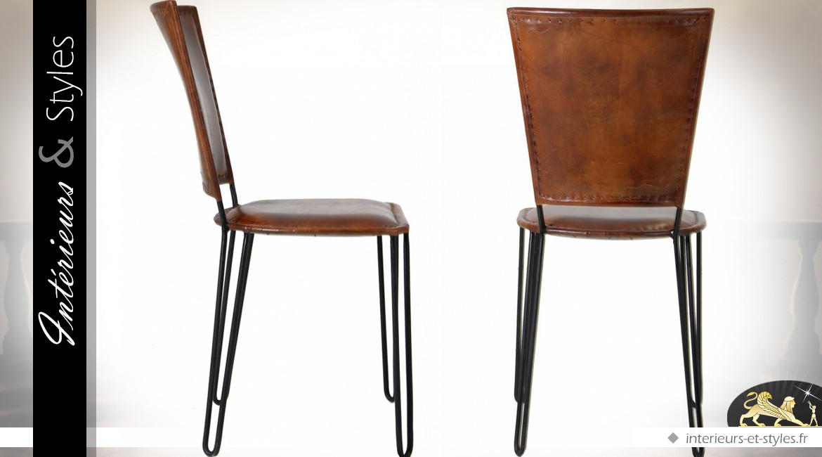 Chaise vintage et design en cuir brun et métal noir