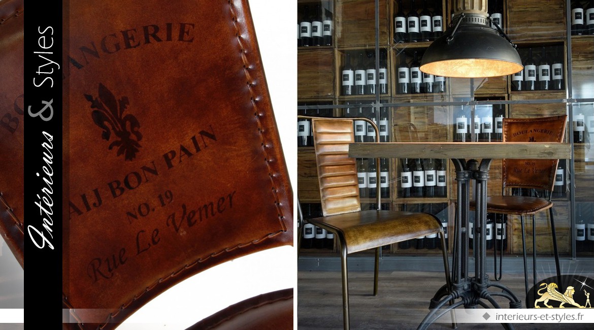 Chaise vintage et design en cuir brun et métal noir
