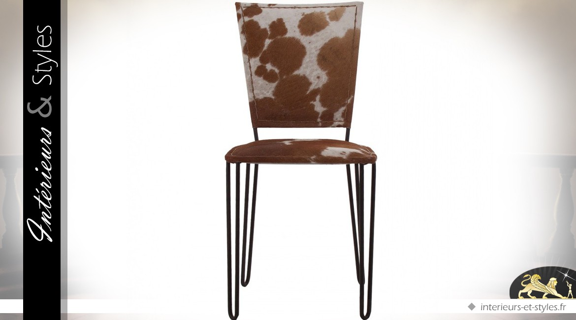 Chaise vintage et design en métal noir et fourrure tachetée