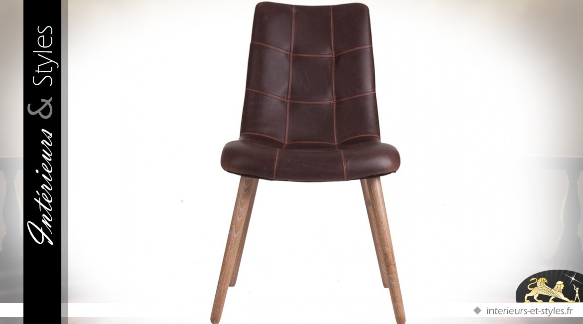 Chaise vintage scandinave similicuir brun et bois naturel