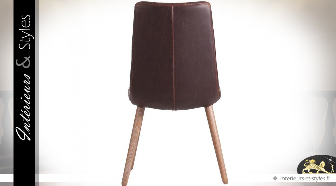 Chaise vintage scandinave similicuir brun et bois naturel