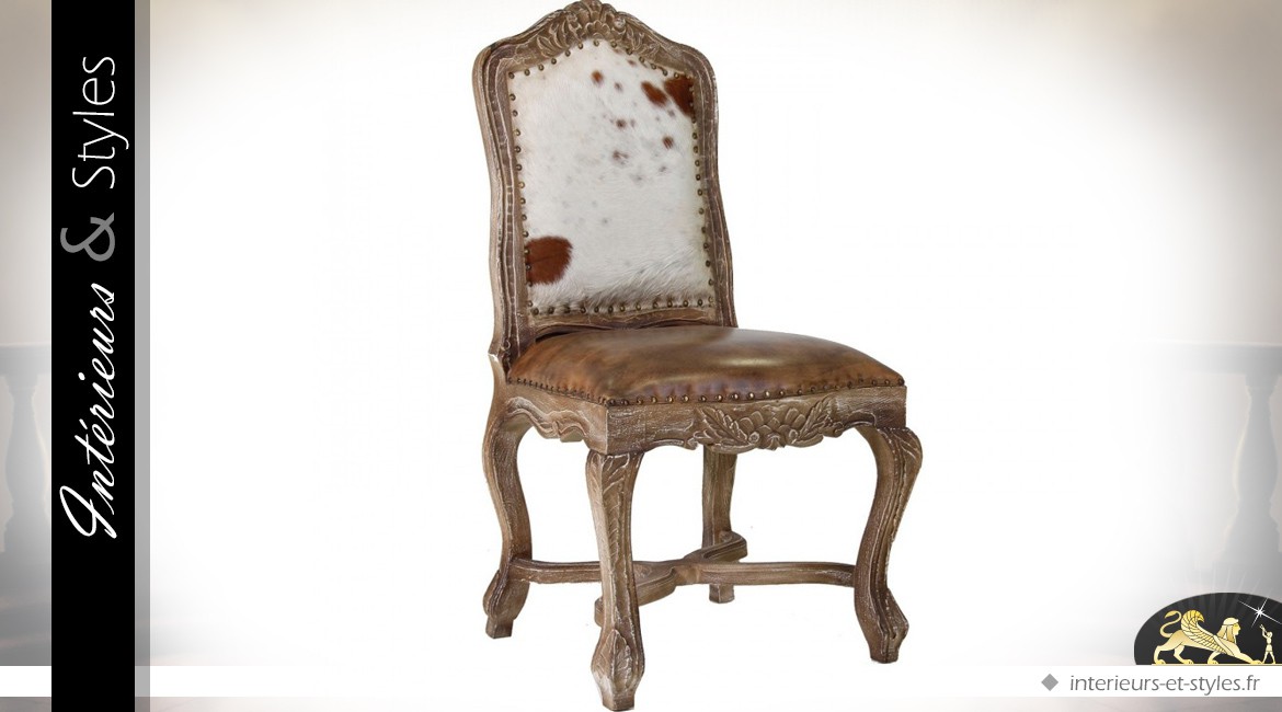 Chaise de style baroque avec assise cuir et dossier en fourrure