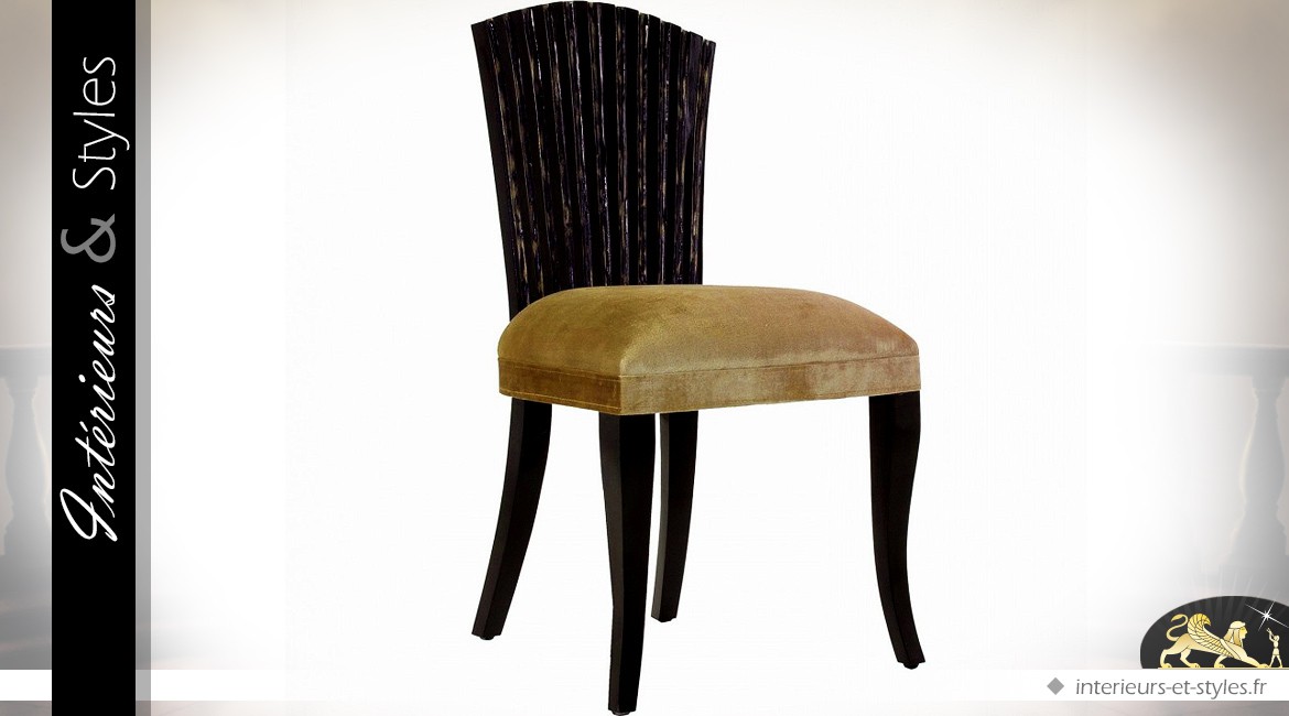 Chaise de style exotique en manguier patine noire et velours doré