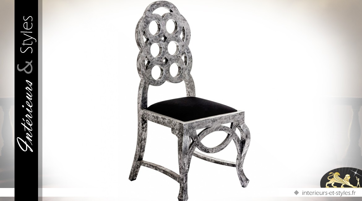 Chaise baroque Art Déco patine vieil argent et velours noir