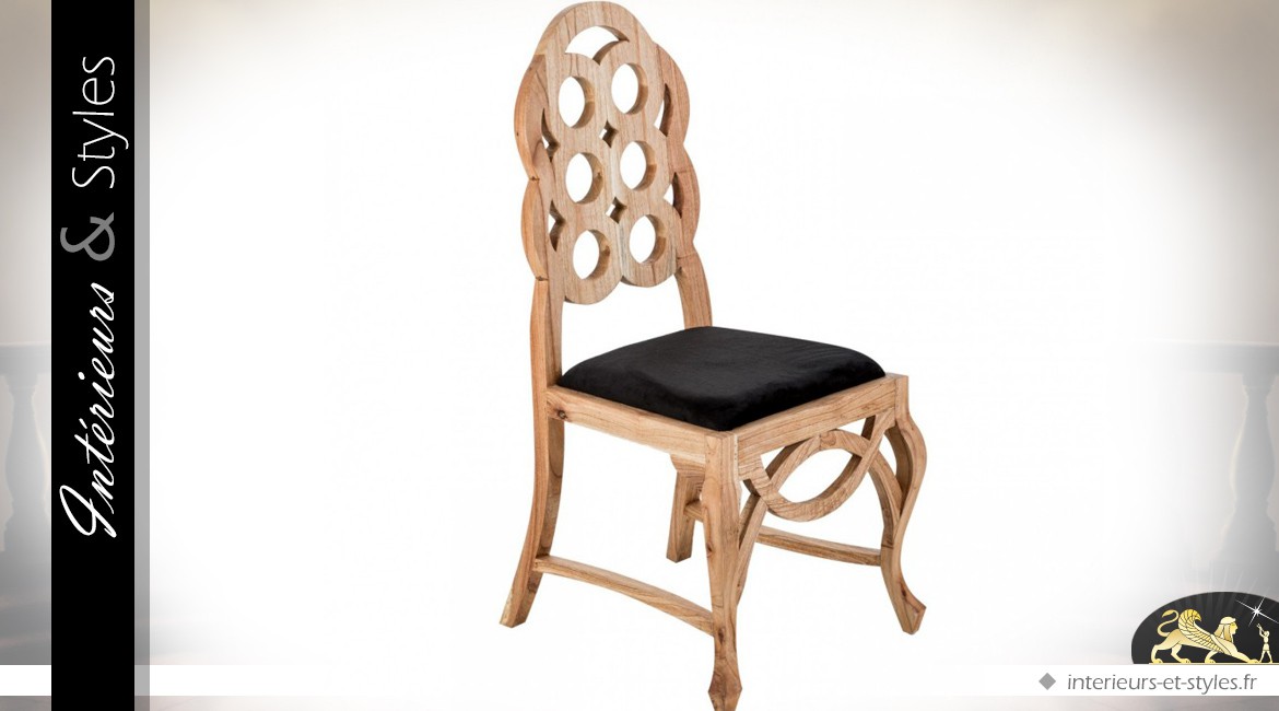 Chaise baroque Art Déco bois naturel et velours noir