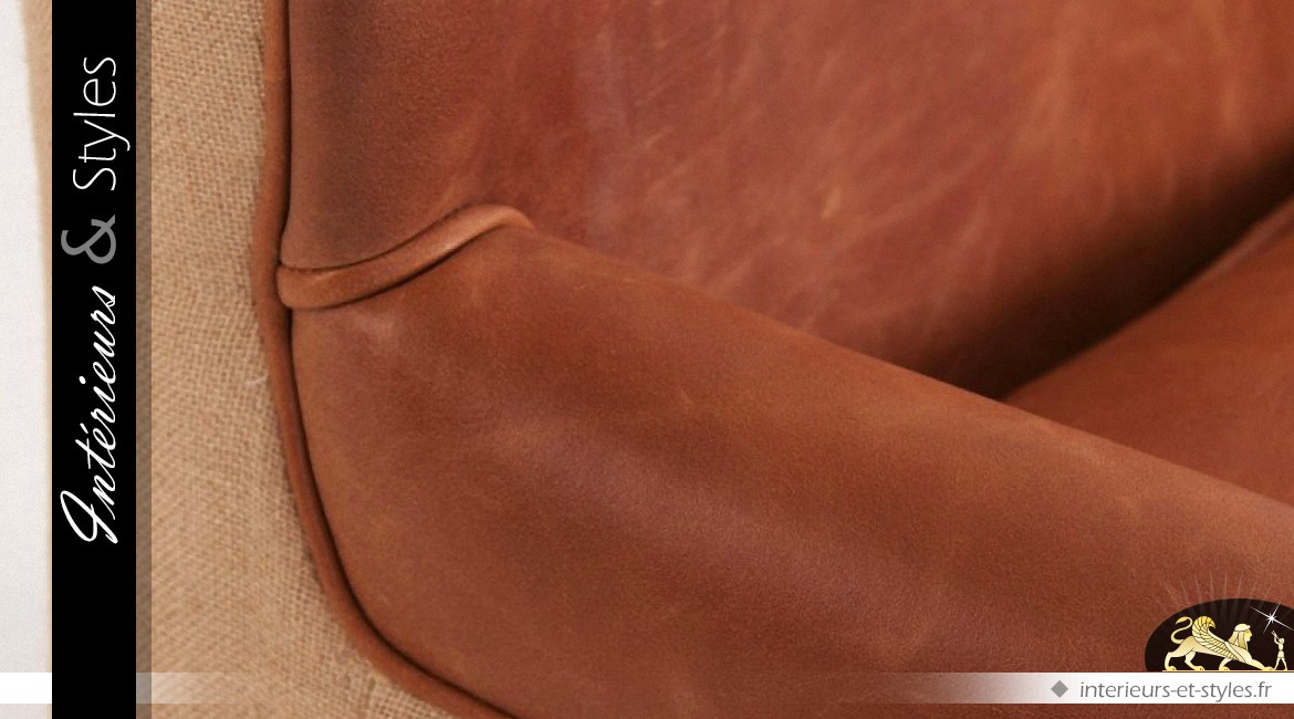 Fauteuil rétro relax cuir et tissu coloris marron havane
