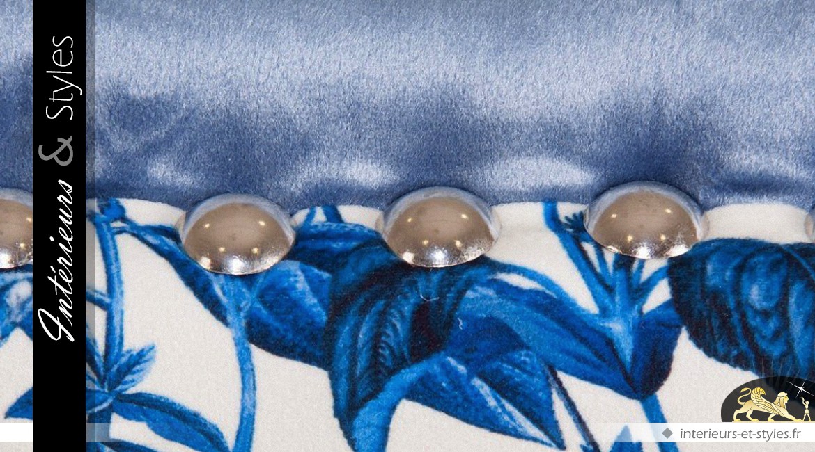 Fauteuil vintage chic velours bleu et tissu fleuri