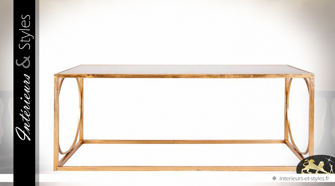 Table basse design en métal doré et plateau miroir