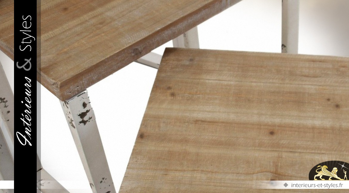 Set de 3 tables gigognes de style indus beige et bois naturel