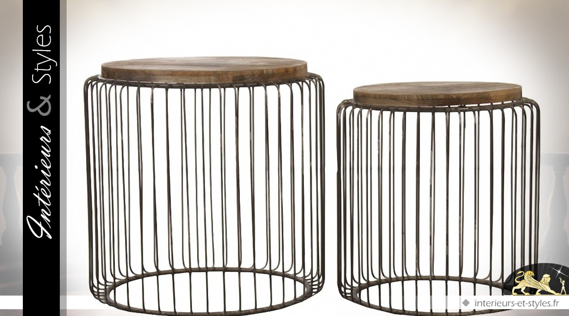 Duo de tables basses rondes et rétro en bois et métal