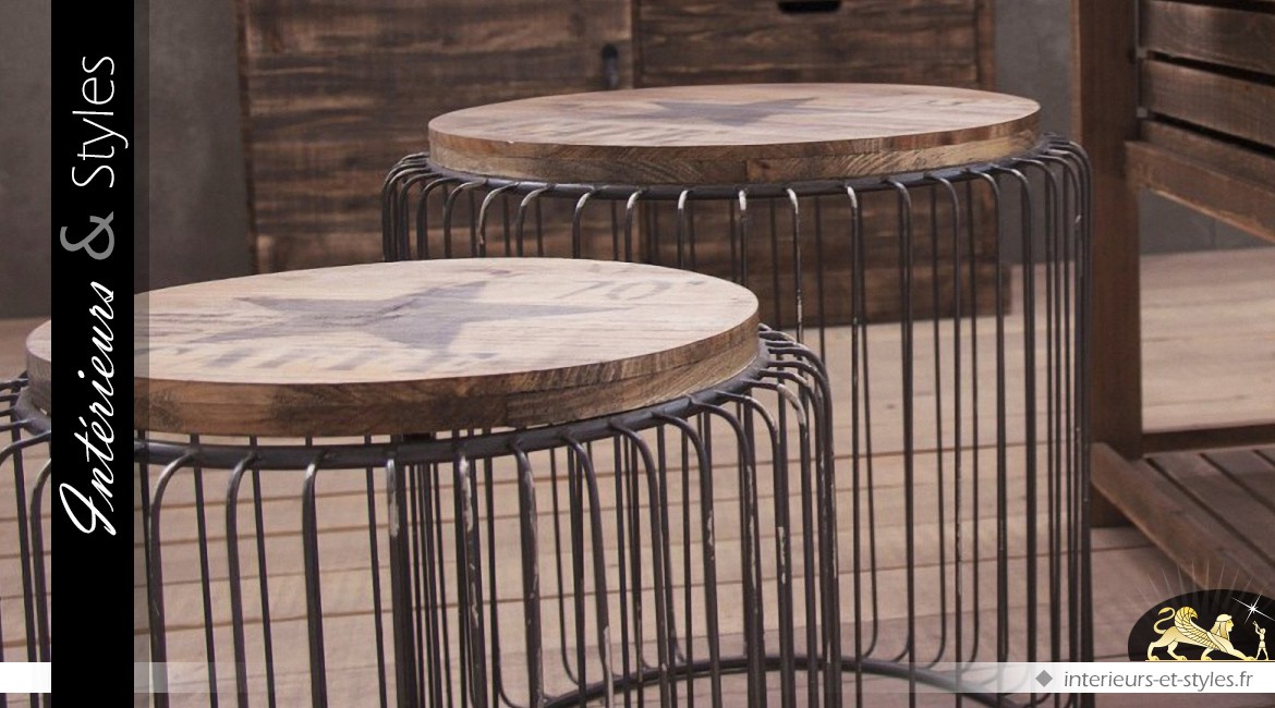Duo de tables basses rondes et rétro en bois et métal
