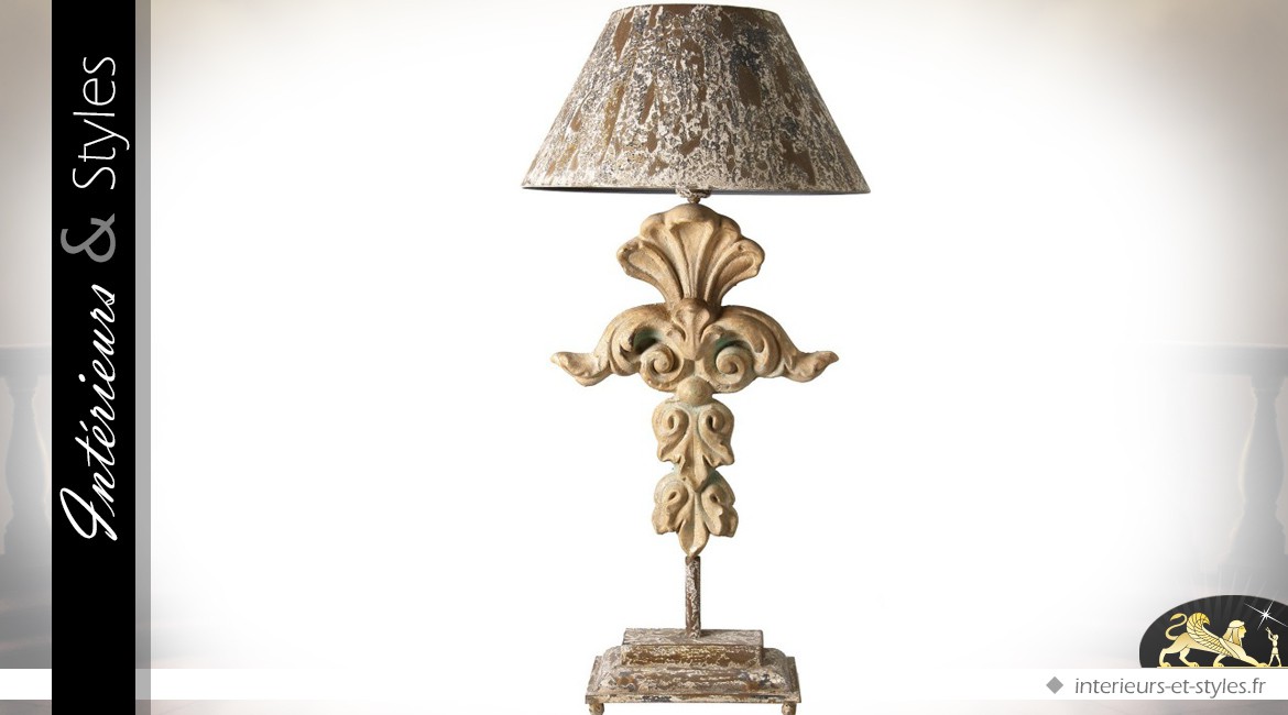 Lampe de salon rétro en métal et bois sculpté 85 cm