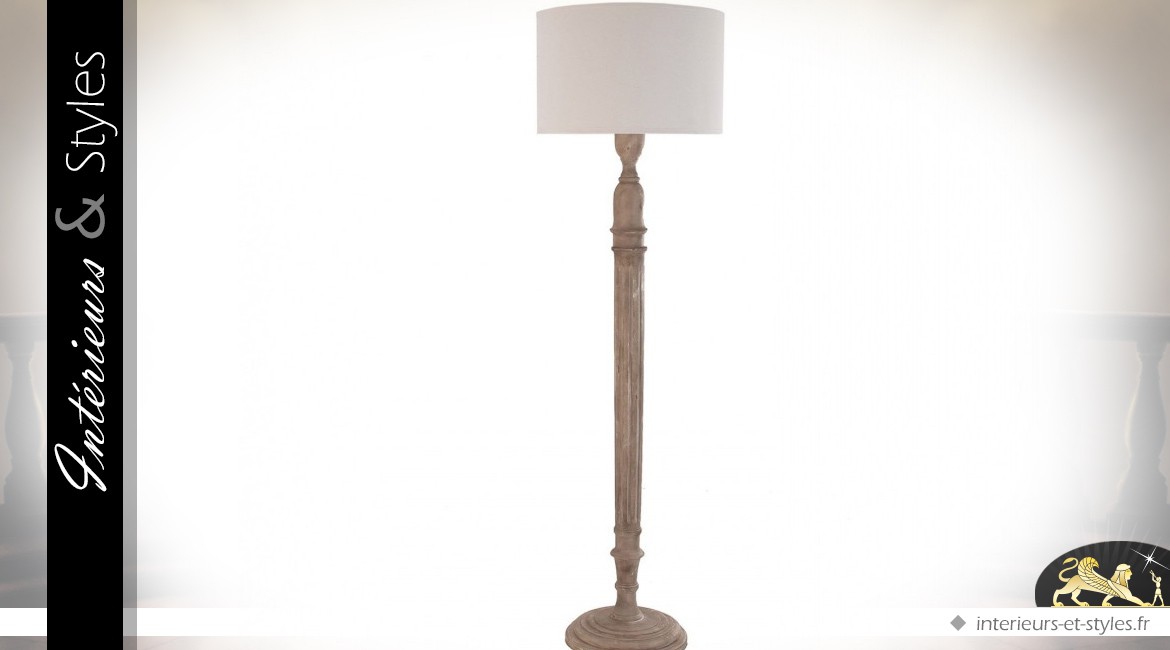 Grand lampadaire bois tourné et abat-jour lin blanc 195 cm