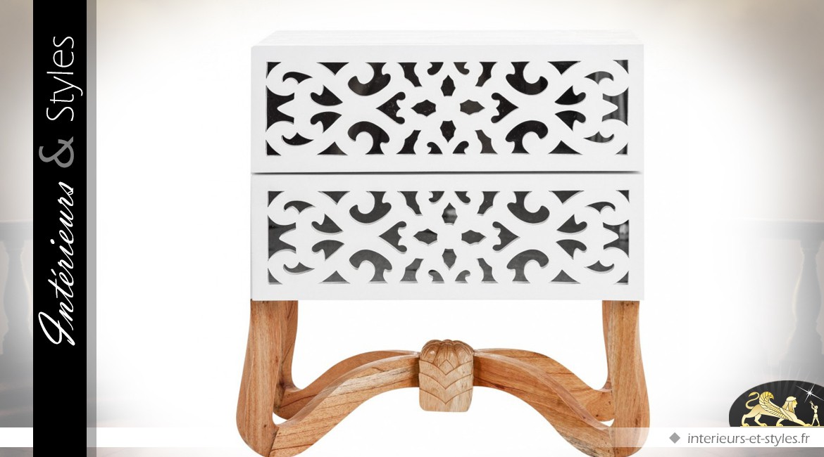 Table de chevet blanche design et orientale à 2 tiroirs