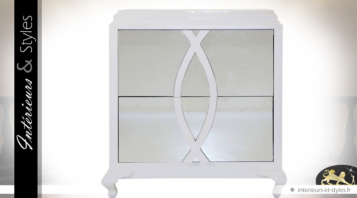 Table de chevet blanche contemporaine 2 tiroirs avec miroirs
