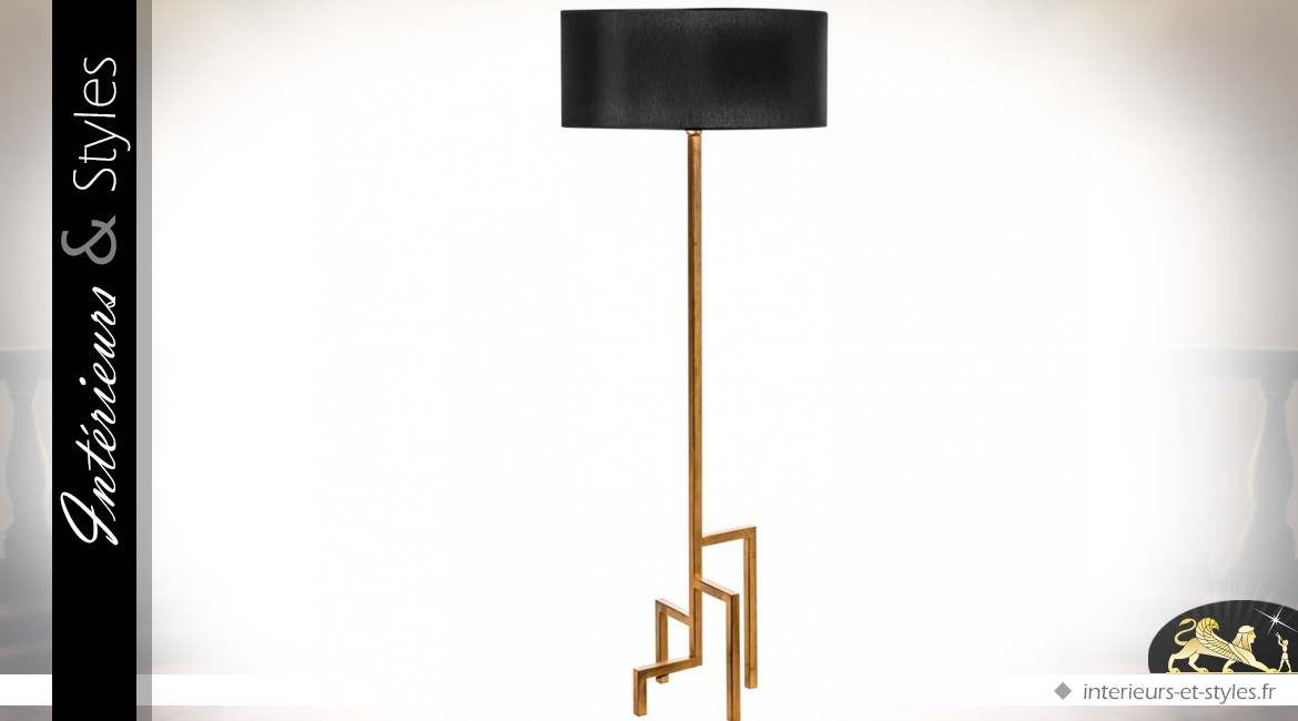 Lampadaire design métal brillant doré abat-jour cylindrique noir