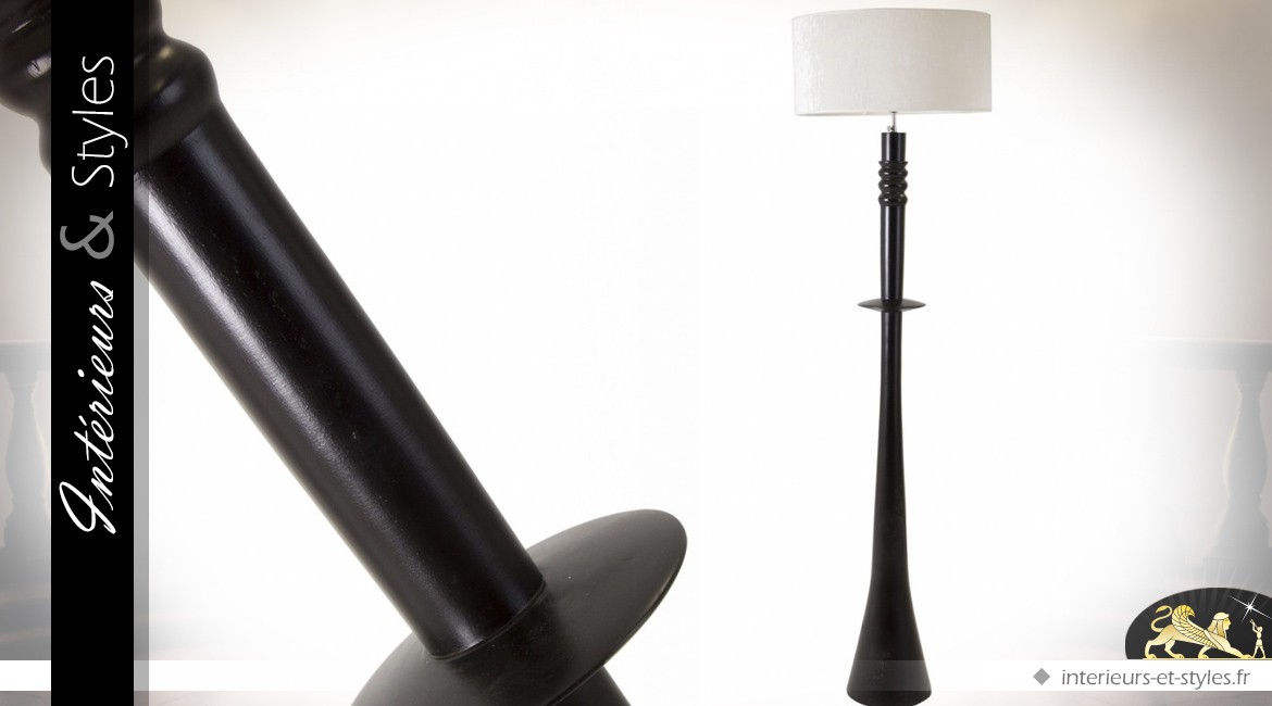 Lampadaire noir en bois tourné avec abat-jour blanc 175 cm