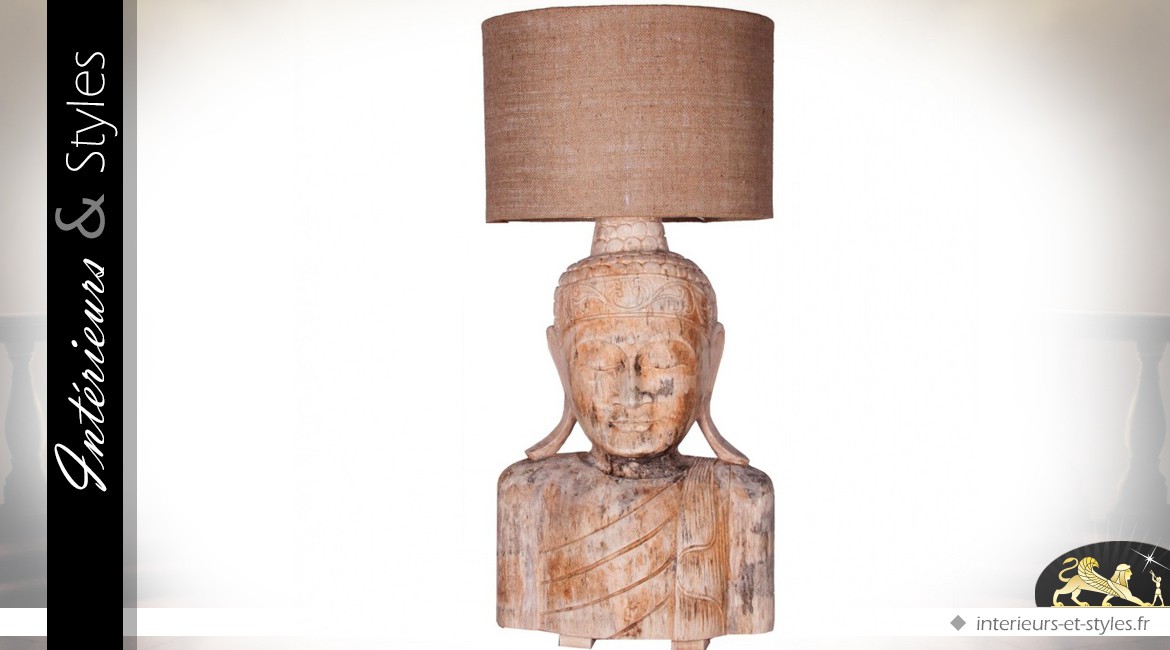 Lampe de salon sculptée bois massif tête de bouddha 95 cm