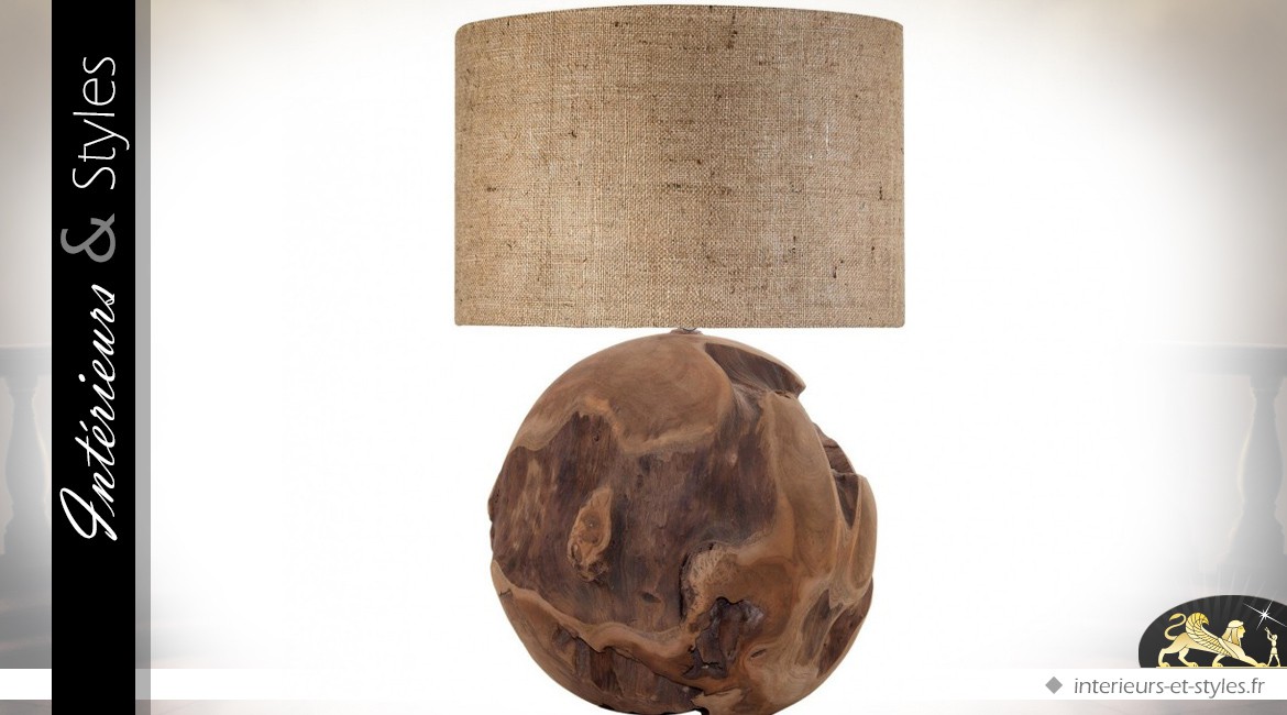 Lampe sphère en teck massif organique et brut 68 cm