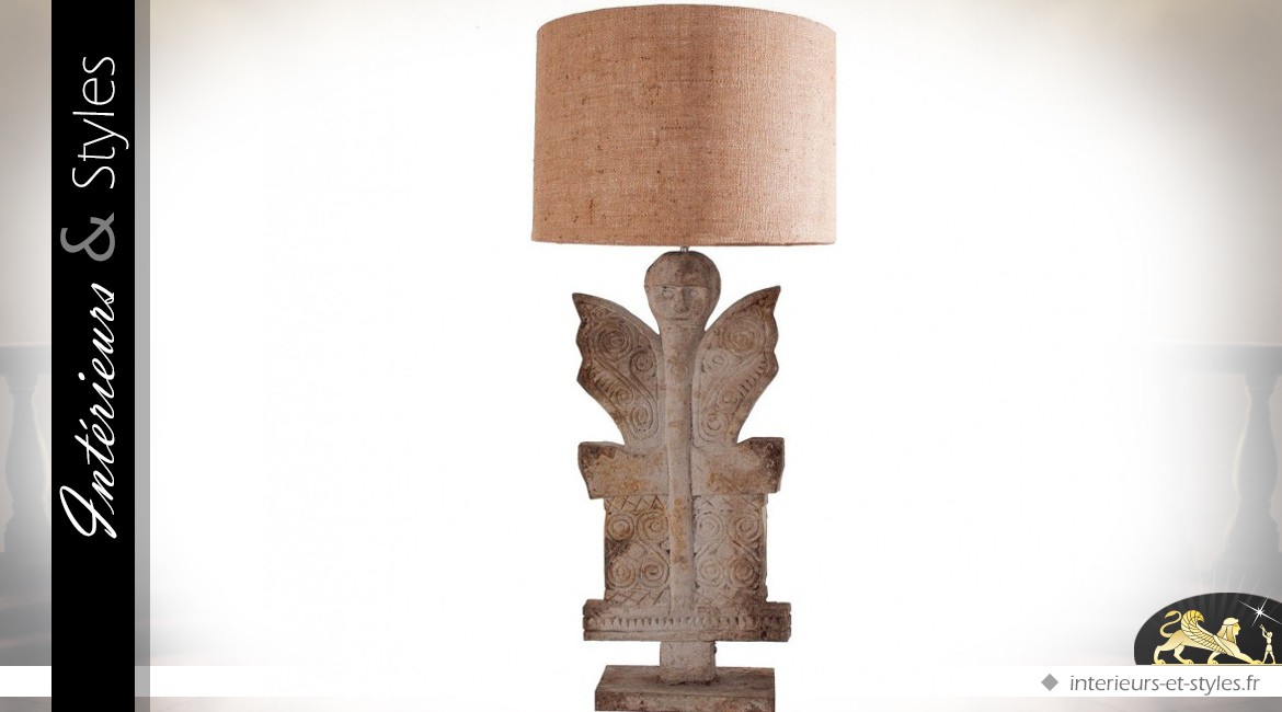 Lampe de salon sculpture en manguier et abat-jour en jute 75 cm