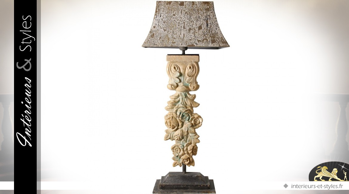 Lampe de salon rétro en métal et bois sculpté 96 cm