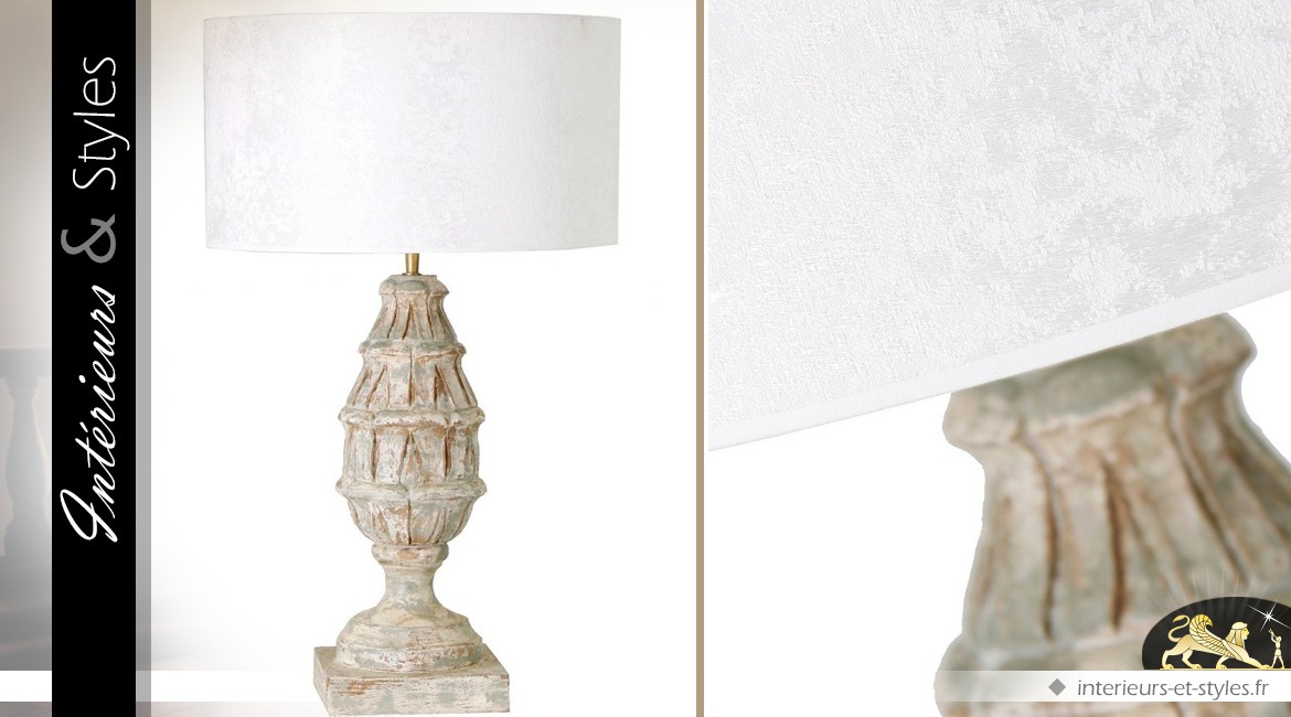 Lampe de salon manguier sculpté et abat-jour velours blanc