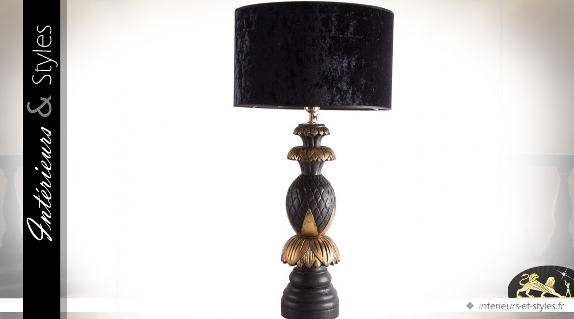 Lampe de salon noir et or en teck sculpté 75 cm