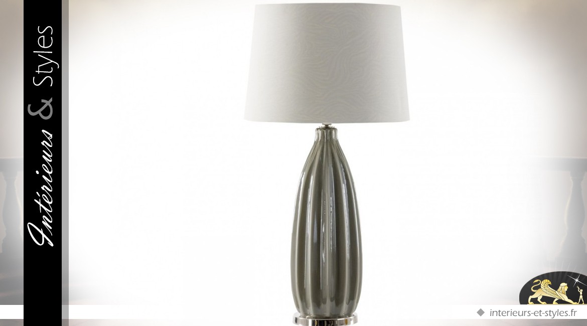 Lampe en métal argenté verre gris et tissu blanc 80 cm