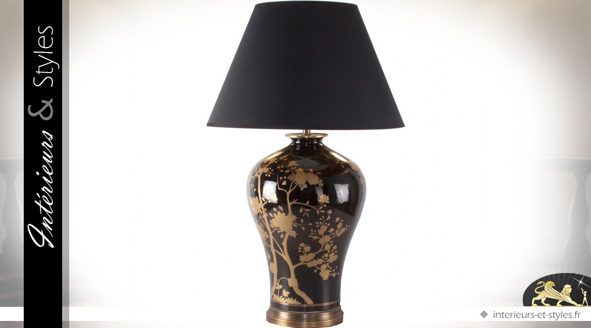 Lampe noire chinoise en faïence fine noir et or 90 cm