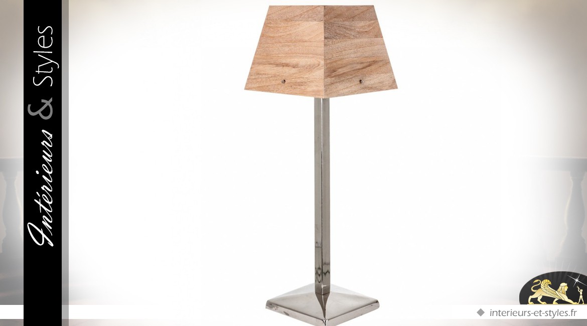 Lampe de salon design chrome et bois 72 cm