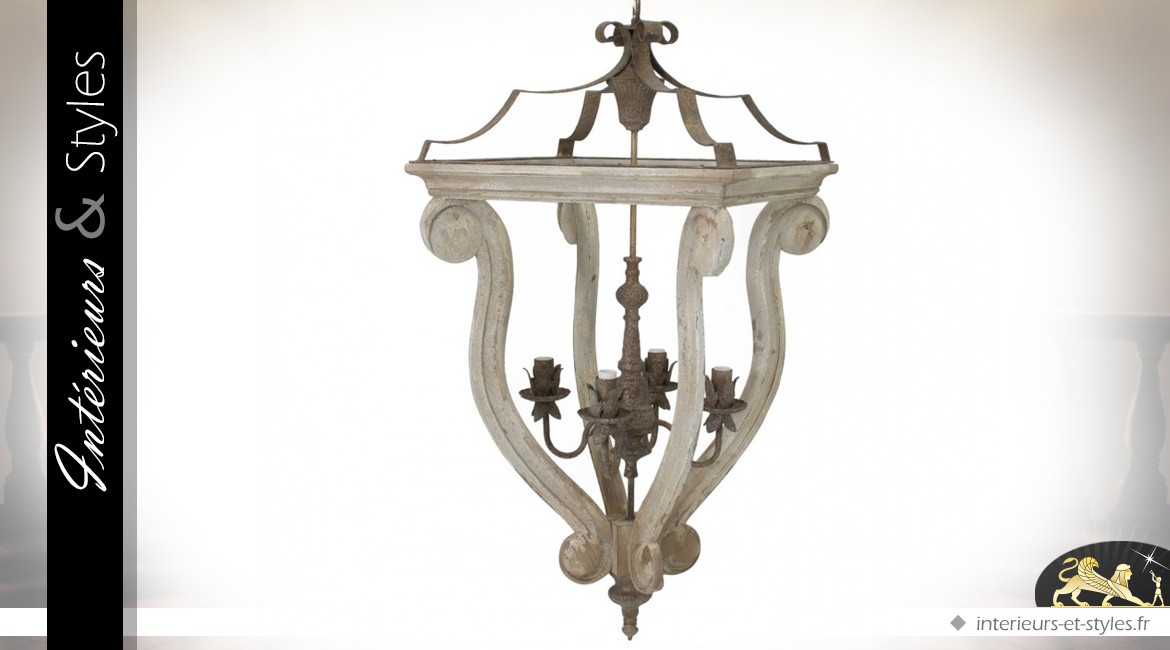 Lustre baroque en bois et métal avec 4 points lumineux