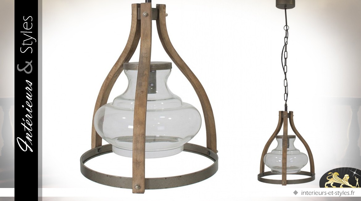 Suspension rétro lanterne en bois et verre Ø 35 cm