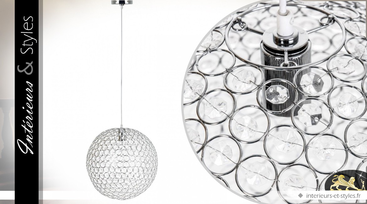 Suspension Art Déco sphère transparente à pampilles facettées Ø 40 cm