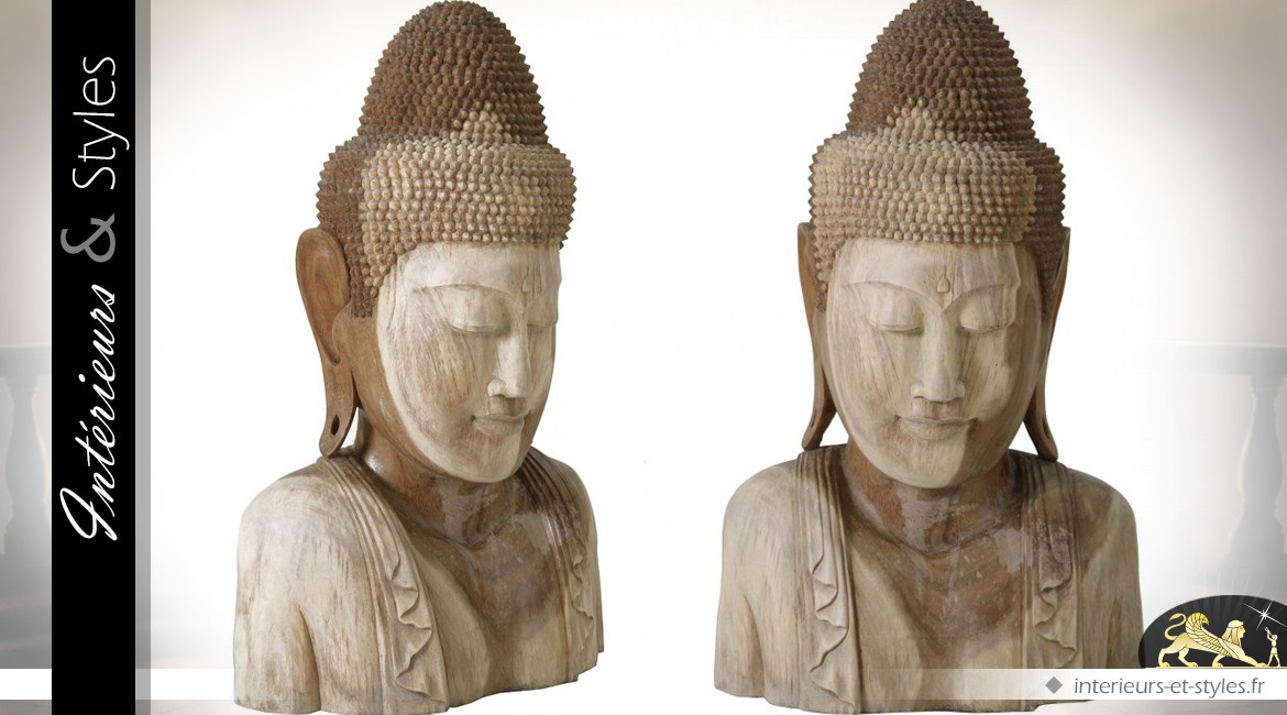 Buste de bouddha sculpté en acacia massif 100 cm