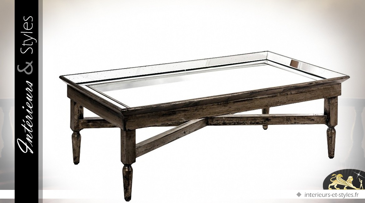 Table basse bois vieilli plateau verre et miroir vénitien