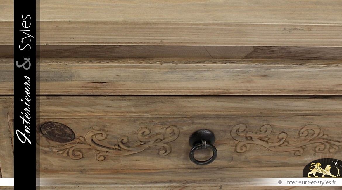 Table de chevet rustique en pin recyclé à 3 tiroirs
