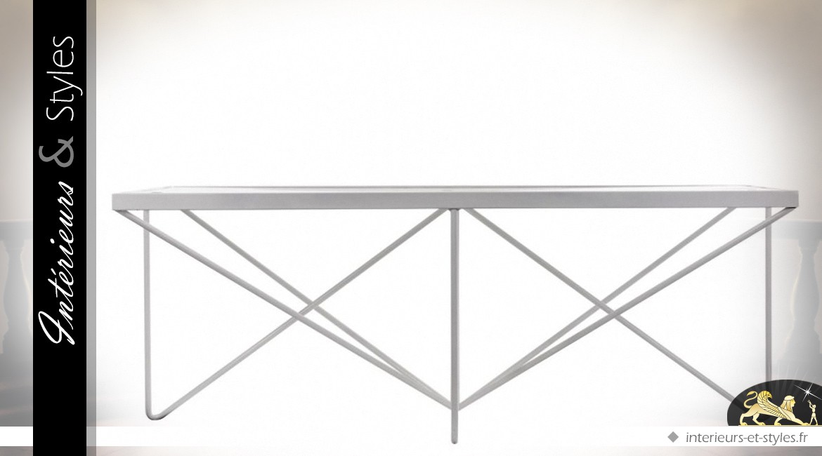 Table basse rectangulaire blanche design en métal et verre