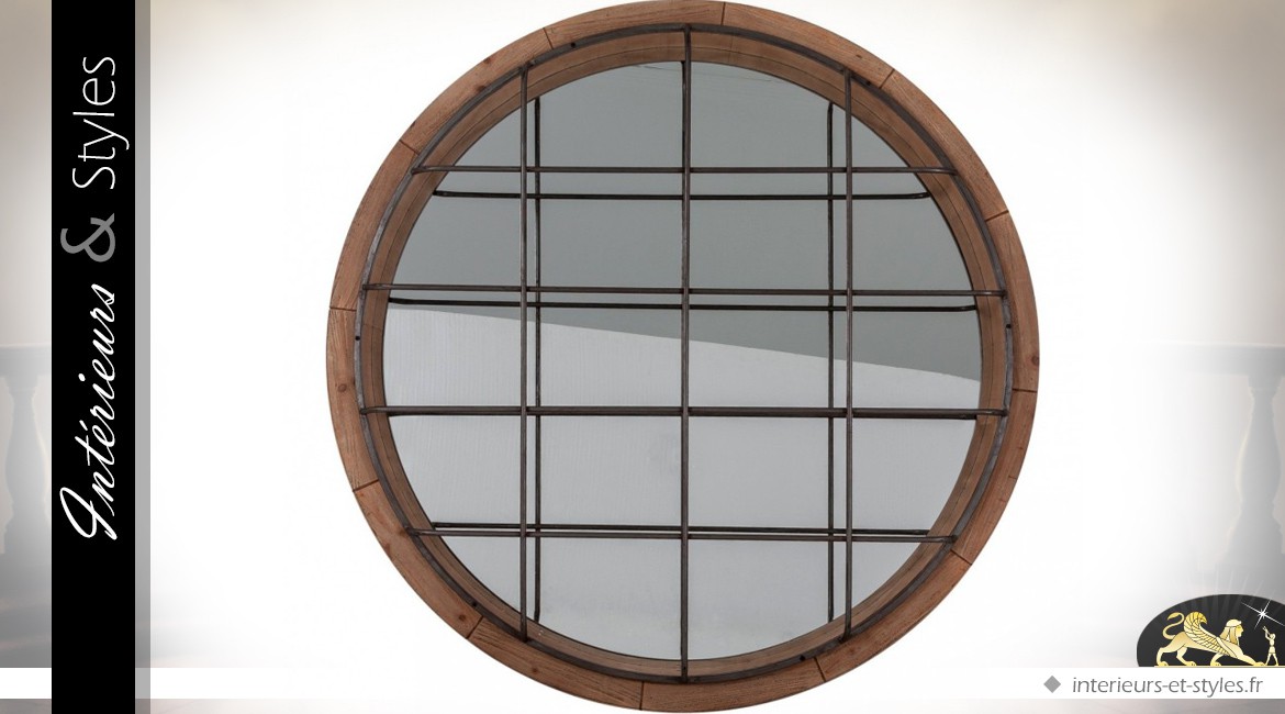 Grand miroir rond industriel en bois et métal Ø 122 cm