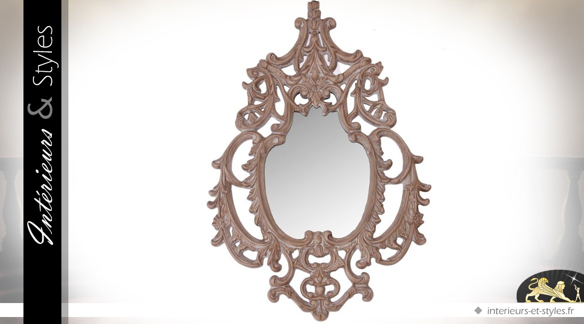 Miroir baroque ajouré finition chêne sculpté vieilli et blanchi 150 cm