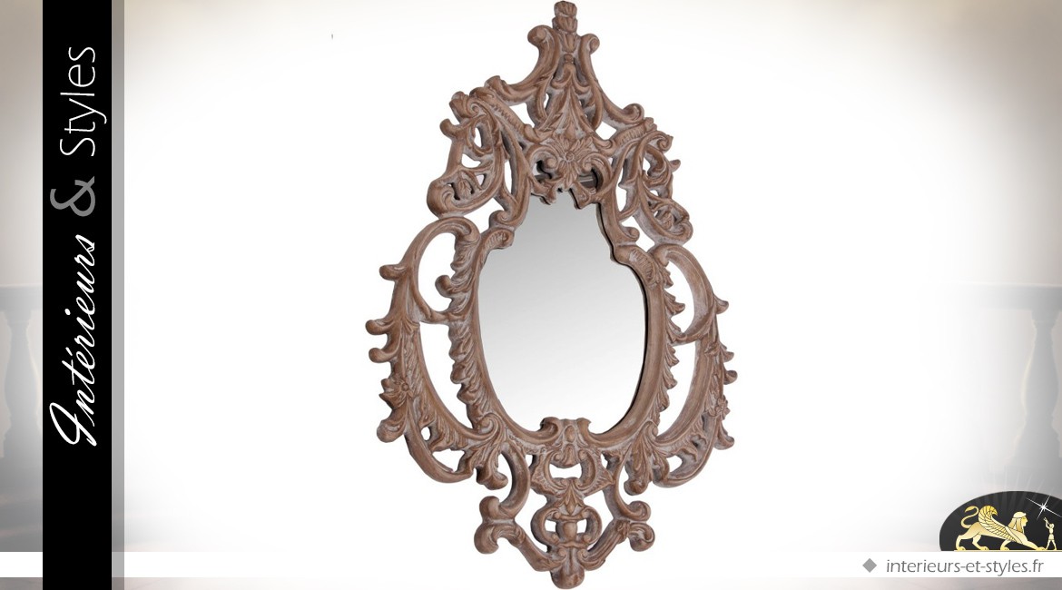 Miroir baroque ajouré finition chêne sculpté vieilli et blanchi 150 cm